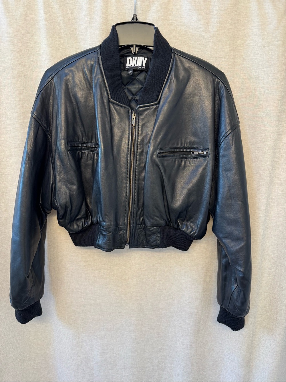 VINTAGE DKNY Black Quilted Leather Cropped Bomber Jacket